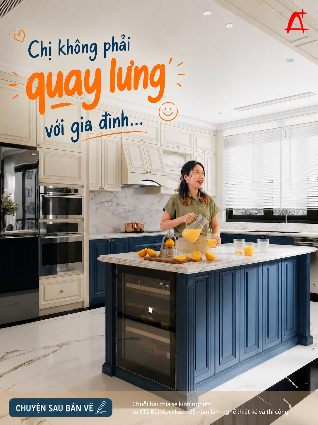Đảo bếp được bố tr&iacute; hướng về kh&ocirc;ng gian sinh hoạt chung, gi&uacute;p người nấu vừa chuẩn bị bữa ăn vừa tr&ograve; chuyện với gia đ&igrave;nh.